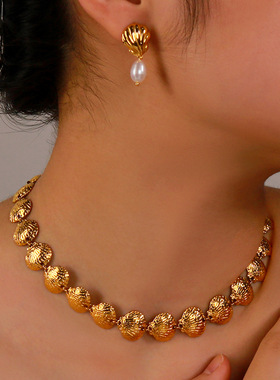 时尚新款畅销首饰套装18K真金不锈钢贝壳形纹理珍珠钛钢耳环项链