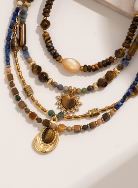 跨境欧美复古虎眼石天然石不锈钢爱心微镶锆石吊坠女串珠项链