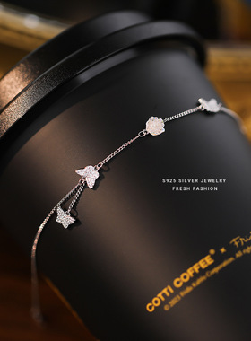 S925银清冷白玫瑰微镶蝴蝶手链女百搭简约清冷气质ins设计感手饰