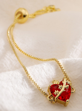 澳古 跨境简约铜镀18K金红色锆石爱心手链女小众个性可调节手链