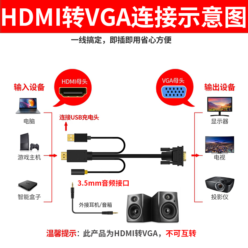 HDMI转VGA带音频供电转换线电脑VJA高清线显示器投影机顶盒看电视 - 图0