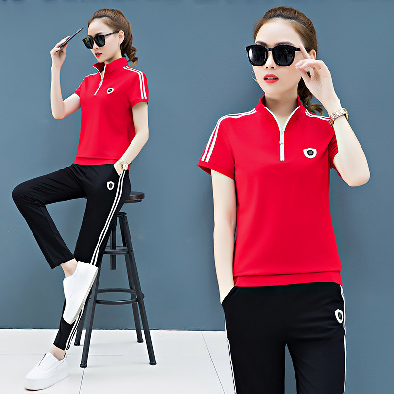 年轻妈妈夏装中老年运动两件套t恤 雪罗中老年女装