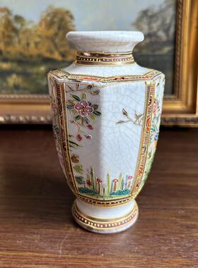 日本楠部款 古董收藏冰裂纹手绘萨摩烧瓷器摆件花瓶 博古玄关瓷瓶