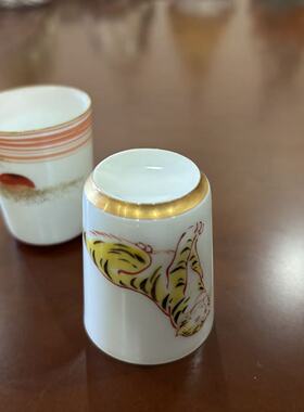日本中古瓷器收藏 手绘老虎主人杯 日出风格装饰手工细工画咖啡杯