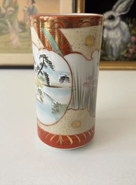 日本九谷 全手绘人物装饰笔筒摆件 手工描金赤绘瓷器花鸟收藏花瓶