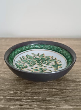 欧洲回流 手绘绿彩描金锡包瓷彩碗 花卉香港聚宝碗 收藏瓷器茶托