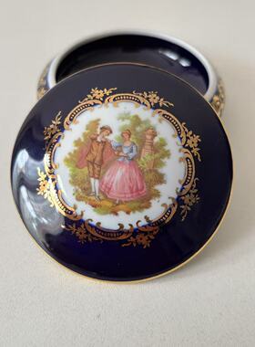 Limoges 利摩日 法国钴蓝人物收藏首饰盒 西洋贵族装饰瓷罐 摆件