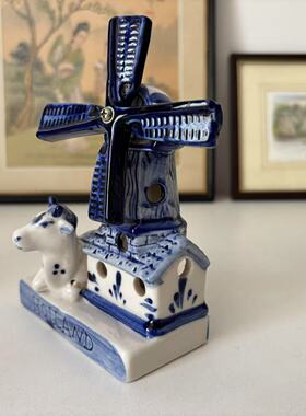Delft 荷兰代尔夫特 手绘奶牛风车小摆件 旅游纪念收藏 青花瓷器