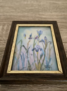 英国早期微缩画 手绘鸢尾花花卉含作者签名小画 小摆件挂画