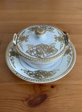 Noritake 日本百年手绘瓷器嵌丝描金花鸟盖碗配瓷盘 则武古董汤盅