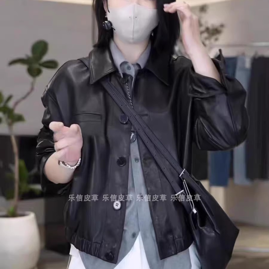 时尚新款真皮皮衣女绵羊皮百搭显瘦气质单排扣翻领潮皮衣长袖外套 - 图2