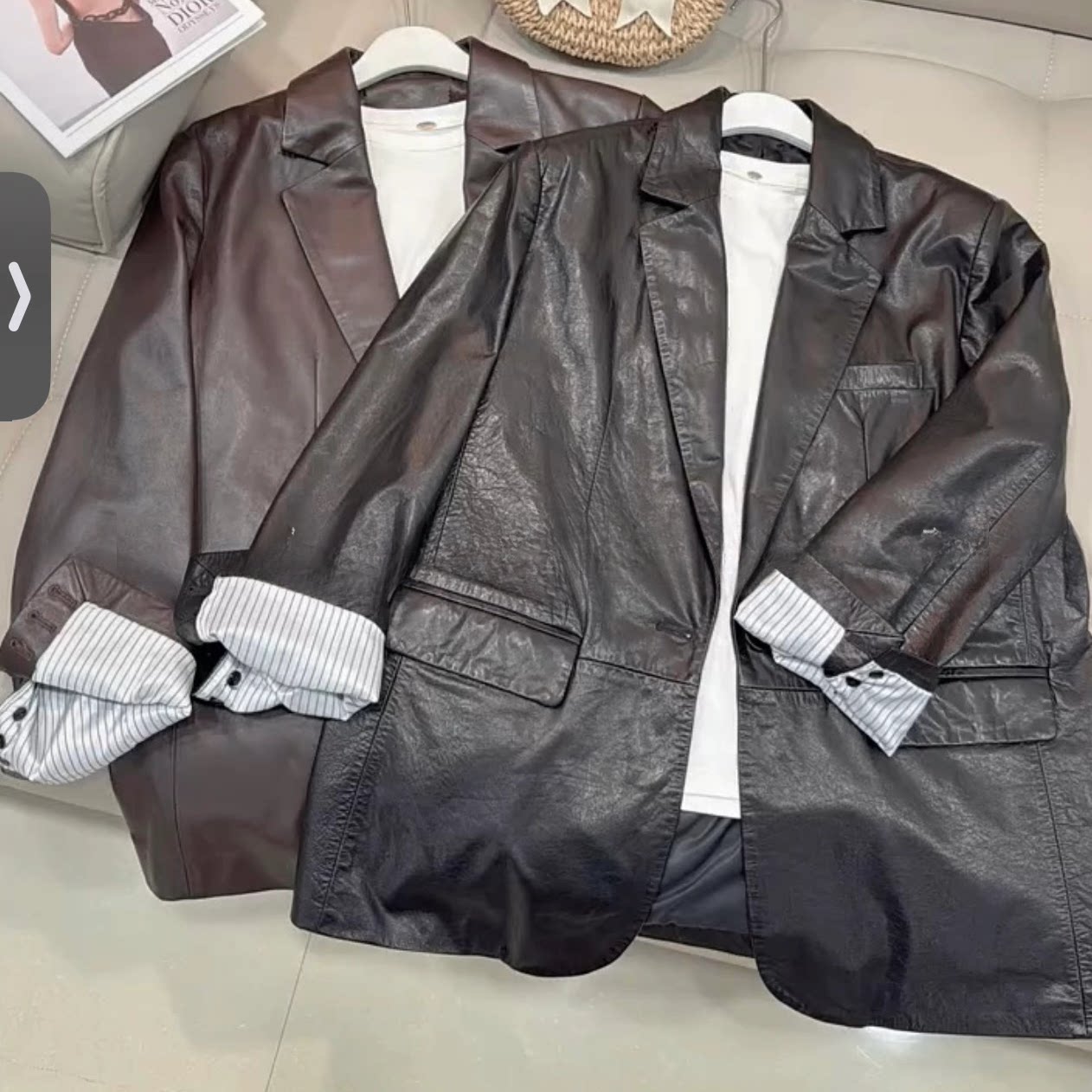 时尚新款真皮皮衣女绵羊皮西装领中长款宽松休闲百搭显瘦长袖外套,淘宝优惠券,粉丝福利购,淘宝优惠卷