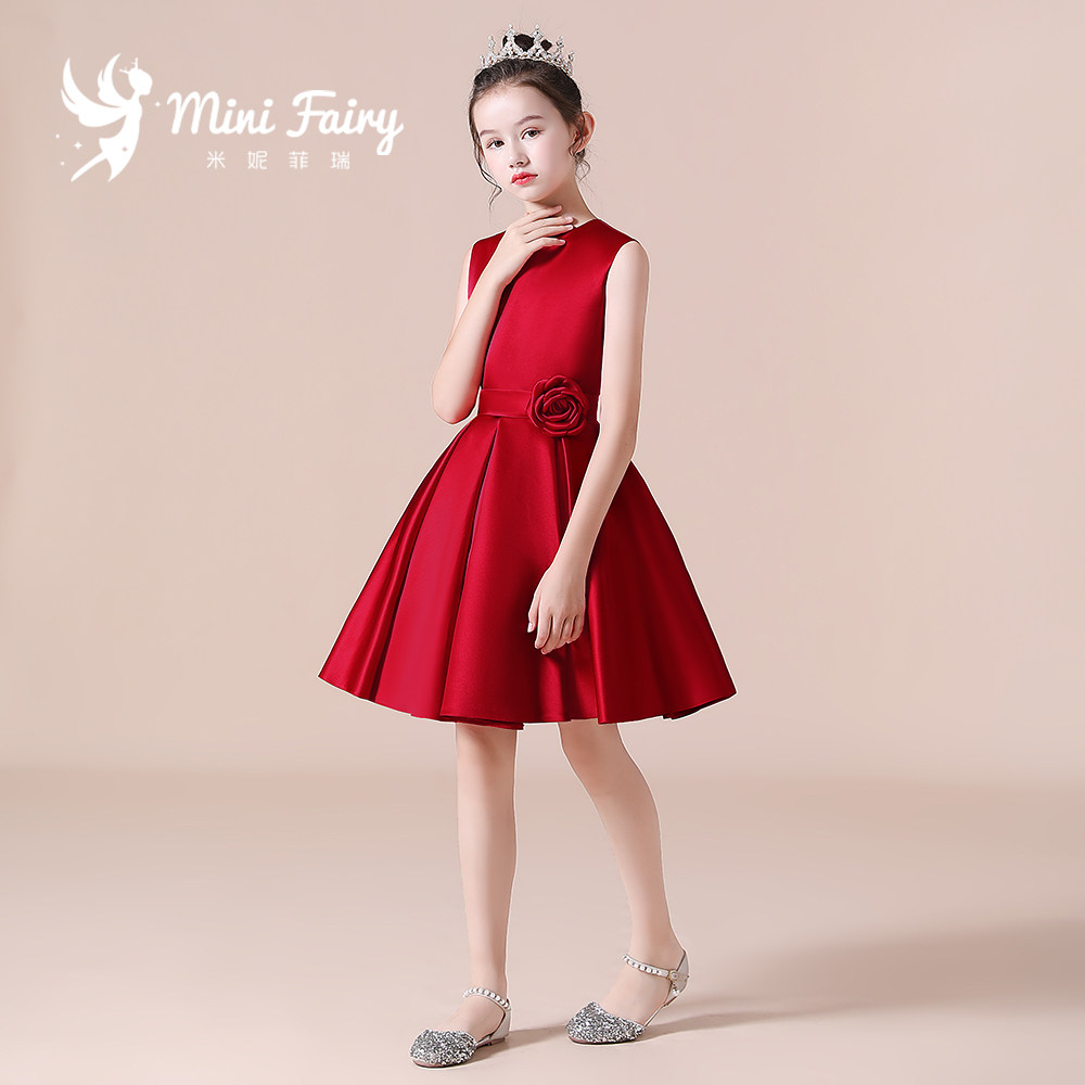 2025新款女童钢琴演出服红色公主裙高端缎布礼服学校主持人小礼服,淘宝优惠券,粉丝福利购,淘宝优惠卷