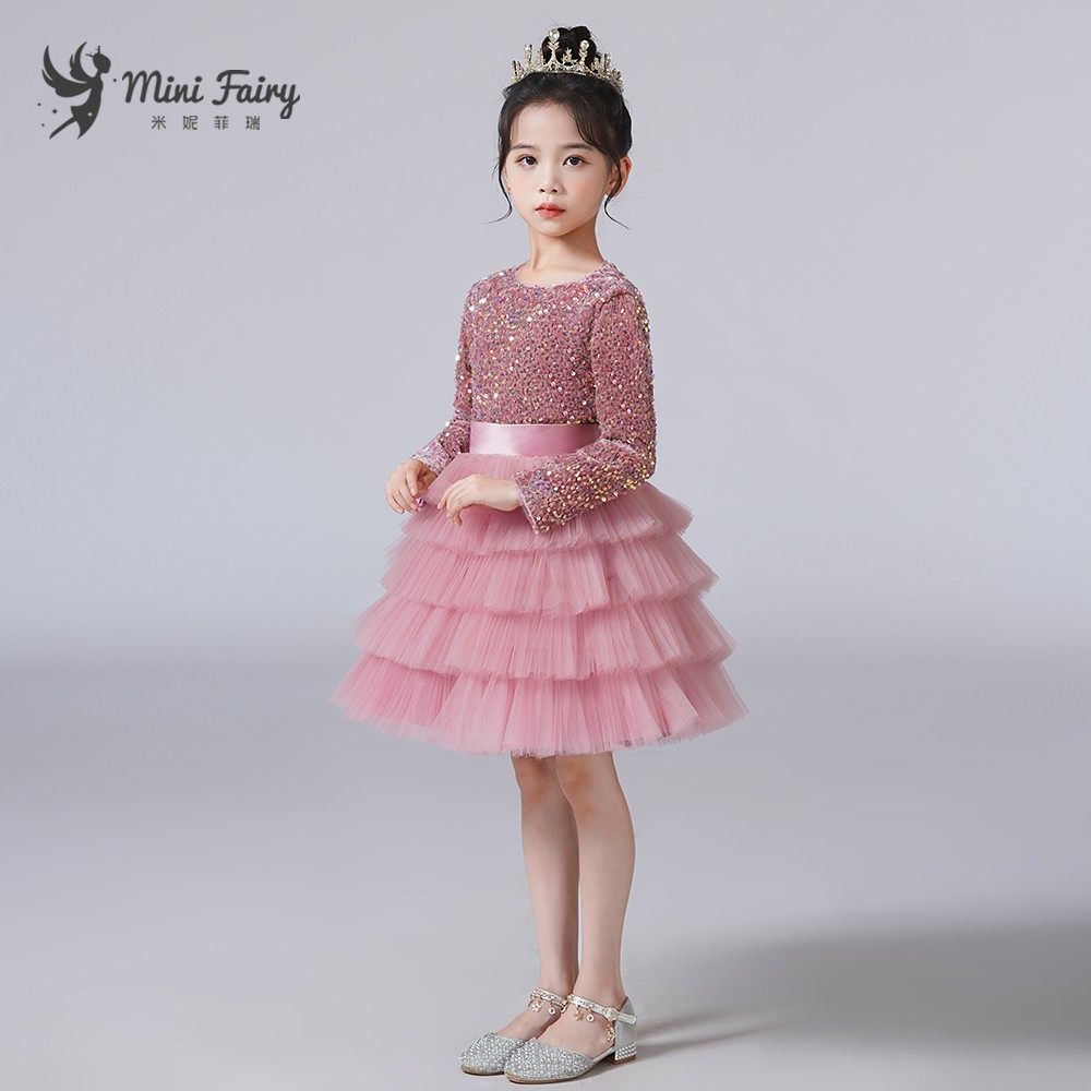 女童生日礼服秋冬长袖公主裙钢琴演出蓬蓬纱裙儿童粉色亮片蛋糕裙,淘宝优惠券,粉丝福利购,淘宝优惠卷