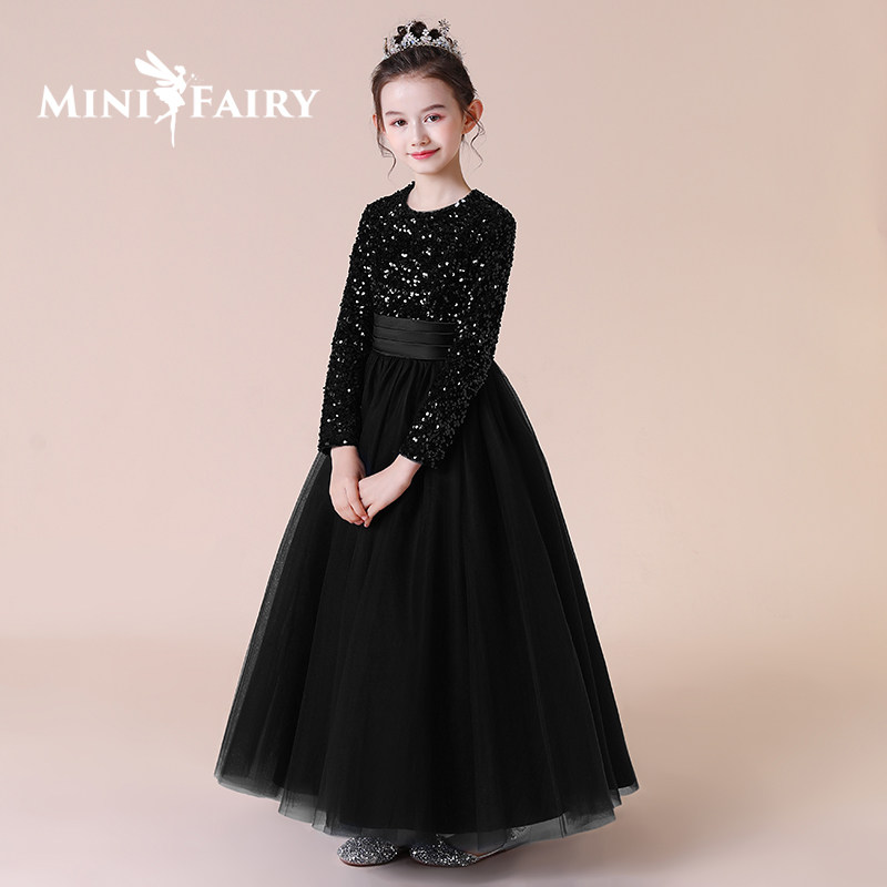 女童黑色长袖晚礼服儿童走秀洋气礼服秋冬新款中大童小提琴表演服,淘宝优惠券,粉丝福利购,淘宝优惠卷