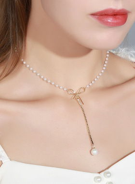 短款挂链气质蝴蝶结流苏甜美锁骨链女韩国版潮人时尚优雅网红项链