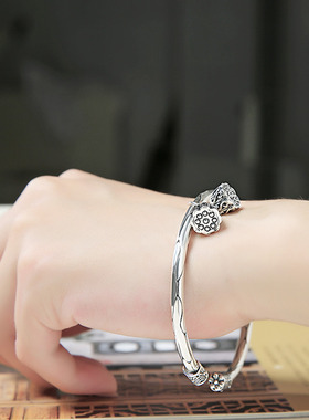 s999纯银重工手镯女夏传承古法莲蓬复古开口小众设计扭丝足银手饰