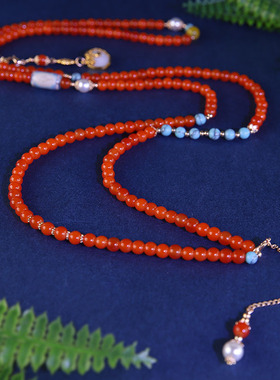 新中式国风项链玛瑙红色串珠流苏项链高级感长款斜挎链配饰品叠戴