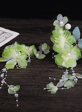 汉服仙气绿色烫花流苏发夹饰品