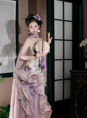 2025新款百搭超仙新娘妆造发饰套装紫色系仿真花耳环结婚礼服头饰
