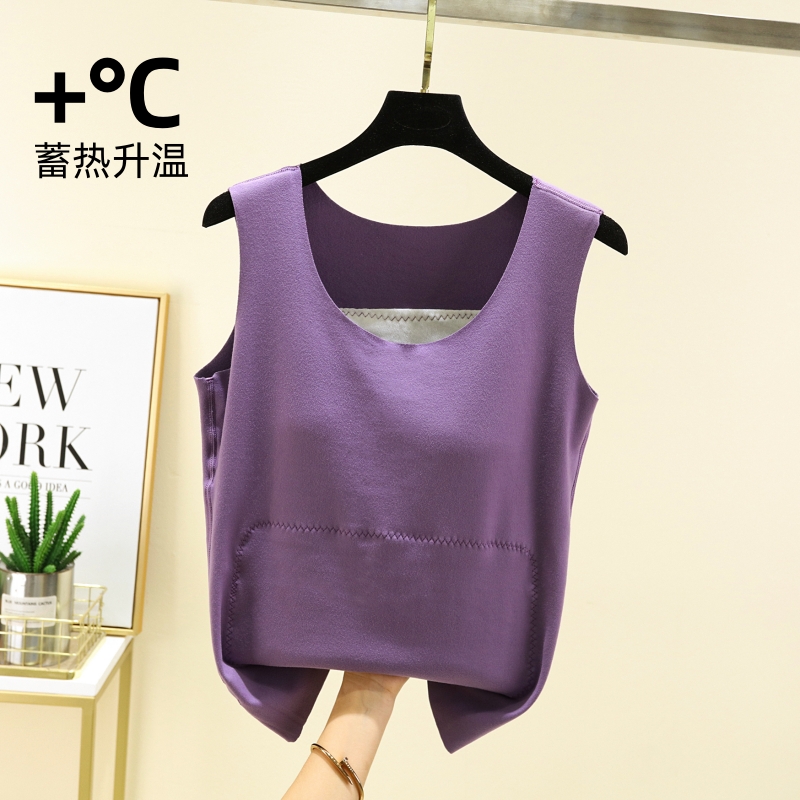 女士秋冬德绒带胸垫贴片保暖无痕背心吊带加绒加厚内搭打底衫上衣 - 图2