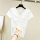 Drawstring T-shirt for women summer modal v-neck short-sleeved inner layering shirt versatile slim large size pleated top short style