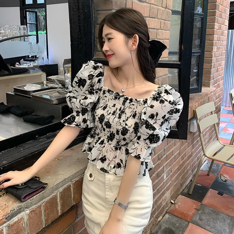 温柔甜美一字肩黑色碎花衬衫女夏季显瘦上衣短款法式衬衣_淘宝内购会_女装/女士精品-第4张图片-提都小院