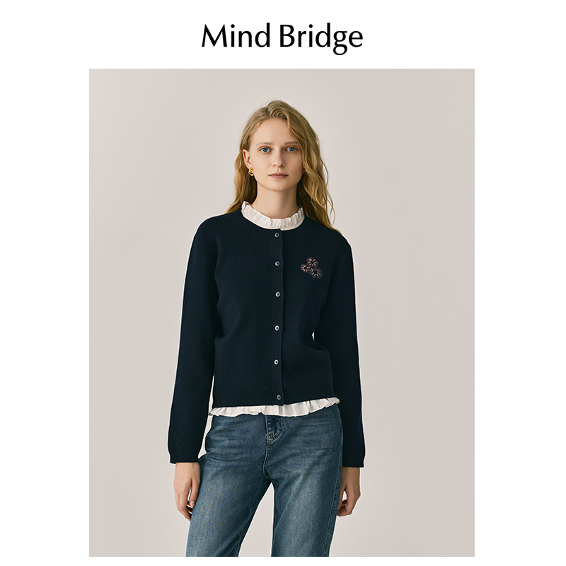MindBridge春季女士刺绣针织开衫2024新款学院风纯色圆领毛衣外套