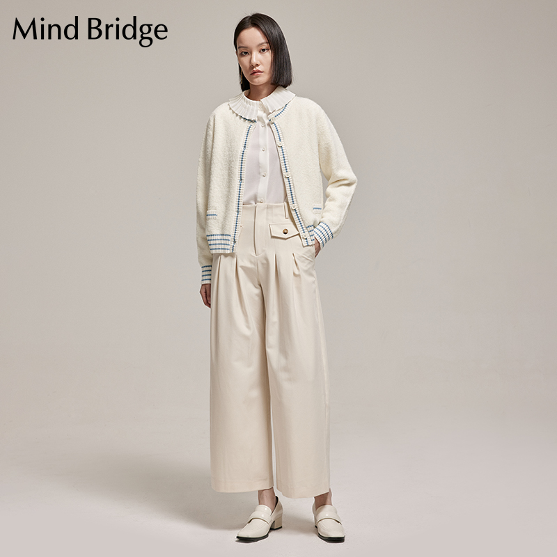 MindBridge 针织开衫新款撞色低圆领打底衫冬季女士短款毛衣