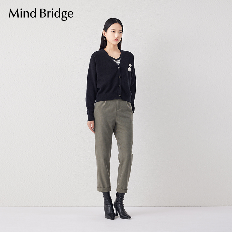 Mind Bridge 长袖女士针织开衫春秋季新款v领毛衣小熊外套