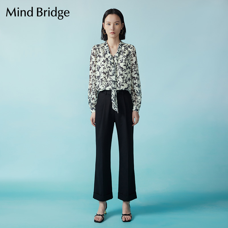 Mind Bridge女士长袖印花飘带衬衫春季通勤职业休闲上衣V领衬衣 - 图0