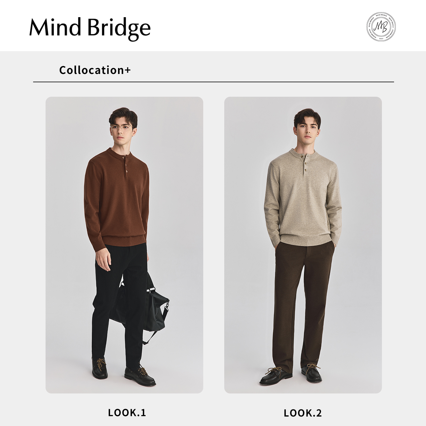 Mind Bridge【绵羊毛】男士美式休闲毛衣2025年秋纯色亨利领针织 - 图1