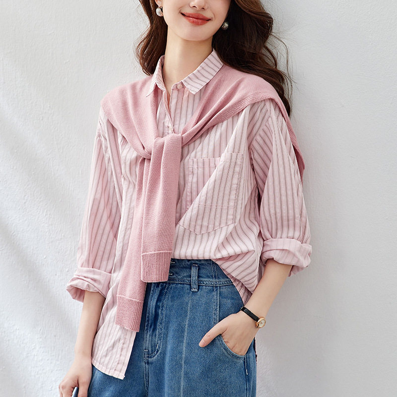 粉色条纹衬衫女长袖春秋冬装新款针织披肩上衣设计感女式衬衣,淘宝优惠券,粉丝福利购,淘宝优惠卷