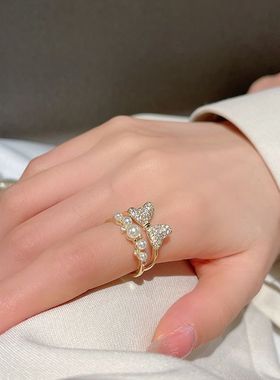 银色珍珠戒指女时尚轻奢小众个性ins潮网红开口高级感女士食