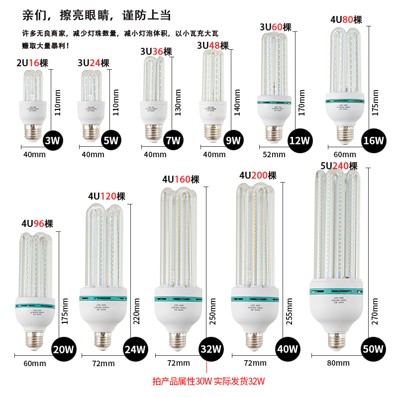 LED节能灯泡E27螺口商用超亮螺旋玉米灯4U型灯管24W照明光源暖白-图0