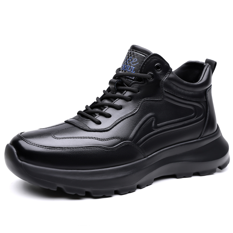 棉鞋男士冬季新款高帮户外休闲皮鞋男黑色厚底百搭加绒保暖雪地靴 - 图3