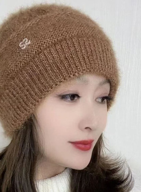 女士针织保暖帽松鼠绒毛线帽包头优雅镂空花秋冬中老年护耳堆堆帽