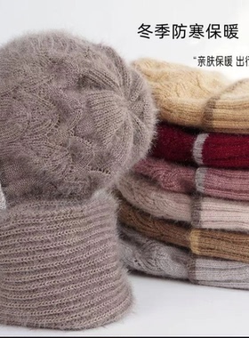 冬天帽子围巾一体女针织毛线帽百搭拼色保暖帽加绒加厚护耳风雪帽