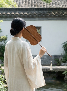 复古竹编扇手工长柄团扇夏纳凉驱赶蚊虫蒲扇中国风汉服麈尾葫芦扇
