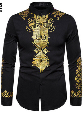 时尚印花衬衫长款非洲长袖衬衣男