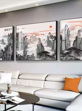 国画万里长城客厅大厅沙发背景墙挂画装饰画三联画背有靠山风水画