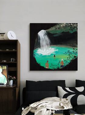 不同的洞穴天堂”客厅装饰画瀑布风景手绘油画中世纪风格壁龛入口