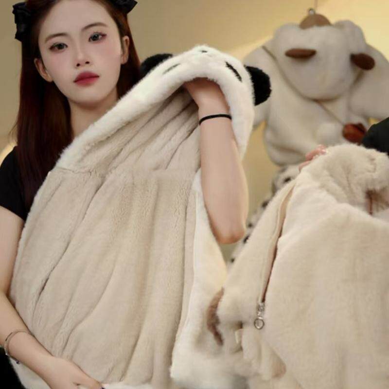 熊猫宝宝皮草外套2025新款可爱卡通儿童连帽加厚棉服加绒保暖冬装,淘宝优惠券,粉丝福利购,淘宝优惠卷