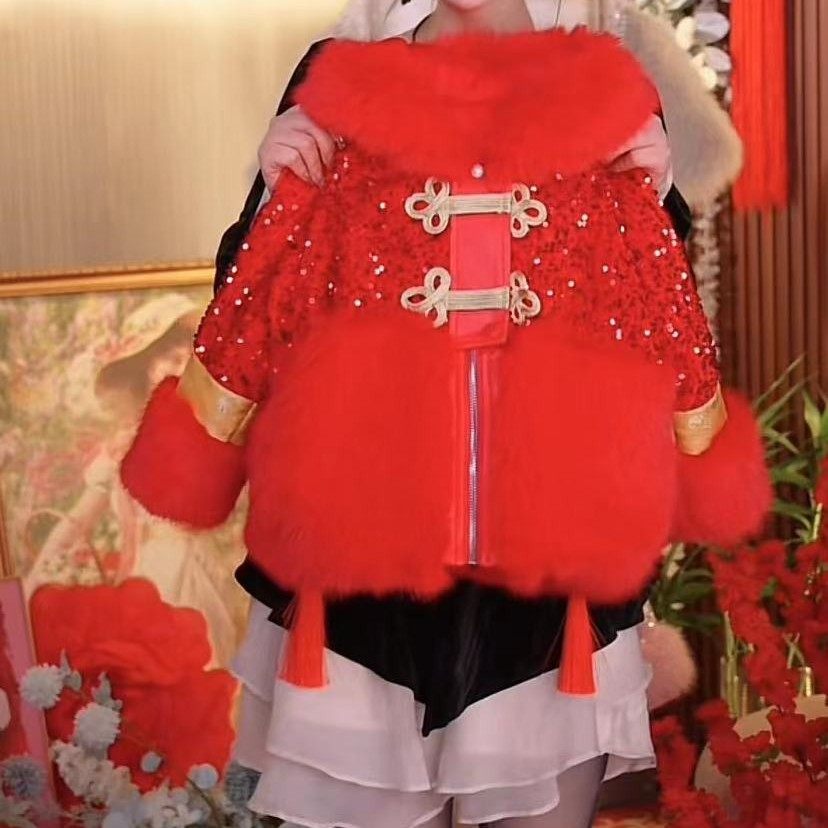 女童万事皆宜兔耳朵皮草外套冬季新款儿童喜庆拜年服女孩加厚棉袄,淘宝优惠券,粉丝福利购,淘宝优惠卷