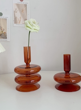 ins风棕色烛台清新干花餐桌摆件