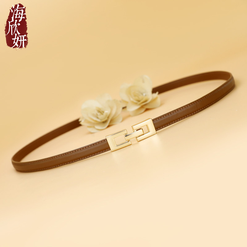 小腰带女真皮牛皮棕色时尚百搭细窄皮带装饰配连衣裙裤带束腰正品 - 图1