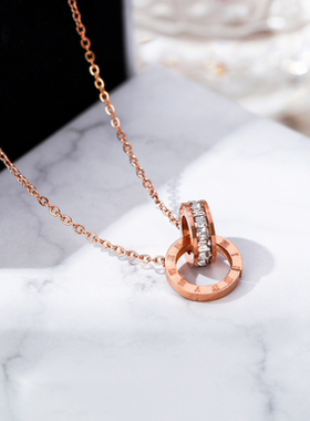 不褪色不过敏钛钢拉环项链 设计网红小众女生18k镀金女士锁骨链