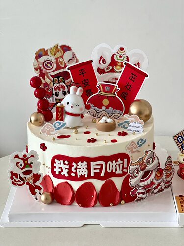 中式醒狮舞狮蛋糕装饰摆件兔宝宝一周岁生日蛋糕中国风插件周岁礼 - 图2