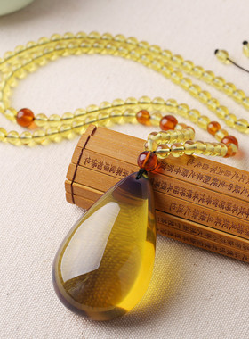 蓝珀水滴吊坠长款琥珀项链女平安方牌民族风蜜蜡毛衣链男配饰礼物