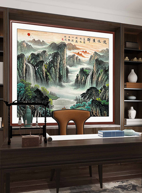 手绘山水画挂画老板办公室背景画